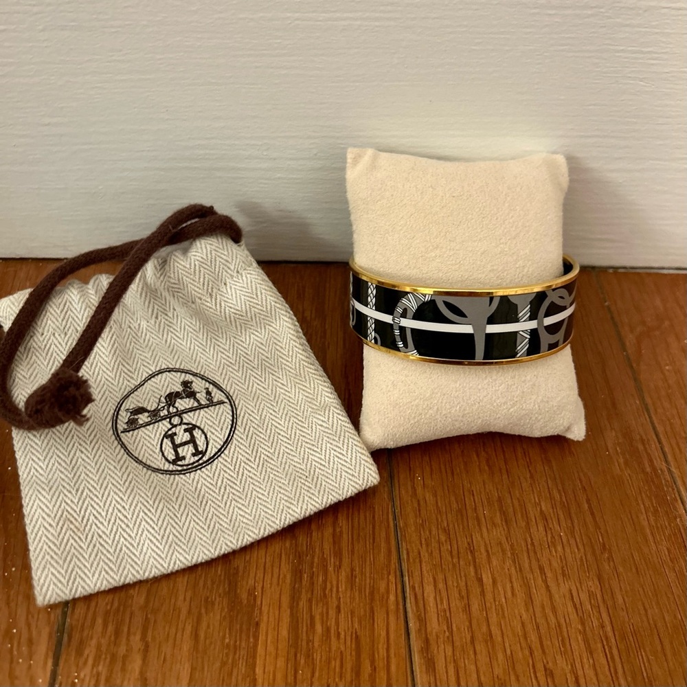Authentic Hermes Tea for Two Bangle: Multi Hermes Printed Enamel Bracelet (Gold)
